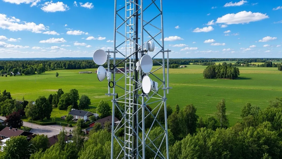 Lattice tower carrying several microwave dishes of different sizes, above fields and a village